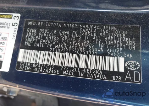 2007 Toyota Corolla S from USA, damaged, VIN 2T1BR32E27C750931